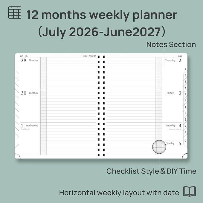 POPRUN 2026-2027 Academic Weekly Planner, Large 8.5" x 10.5" Horizontal Layout Calendar Agenda from July 2026 to June 2027, Softcover Appionment Book with Monthly Tabs, Spiral Bound, Inner-Pocket - Pacific Green