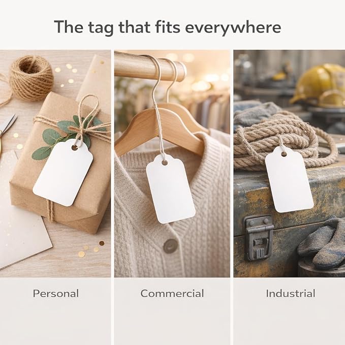 500 White Merchandise Tags #8 with String Attached – 2 3/4” x 1 11/16” – Paper Pre-Strung Marking Tags with 6” String for Pricing and Labeling