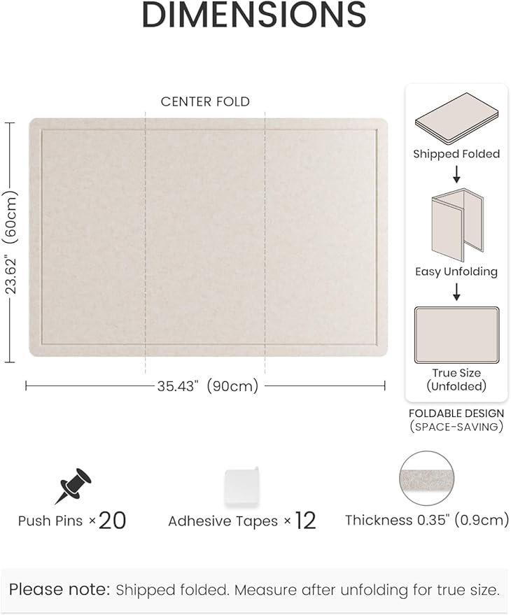Fluxynara Bulletin Board,35.4" x 23.6" Cork Board Alternative with 12 Safe Removable Adhesive Tabs, Foldable Felt Pin Board for Home Office, Classroom, Bedroom,Entryway for Walls—Oatmeal