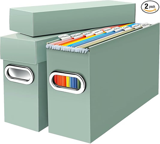 File Organizer Box with Lid & Handle, Thickened Cardboard Hanging File Folder Storage Boxes for Letter Size, Portable Filing Organizer for Office, Home, Classroom, Sage 2 Pack