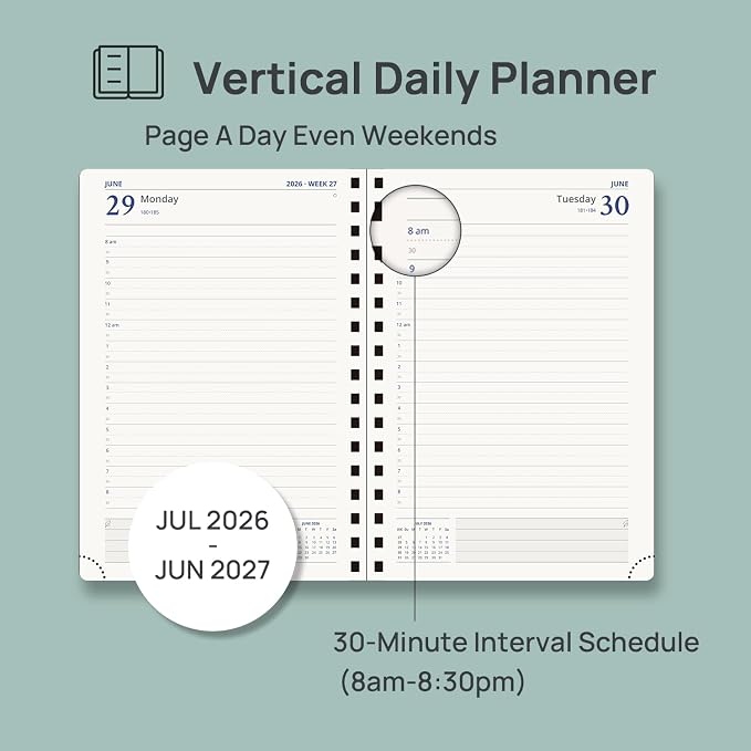 POPRUN Daily Planner 2026-2027 One Page Per Day (6" x 8.5"), 12 Months Hourly Appointment Book (July 26-June 27) Academic Planner Calendar Book with Inner Pocket, Spiral Hardcover - Midnight Green