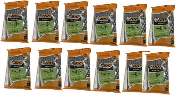 BIC Round Stic Xtra Life Black Ballpoint Pens, Medium Point (1.0mm), 10-Count Pack of Pens, No. 1 Selling Ballpoint Pens (Pack of 12, 120 Count Total)