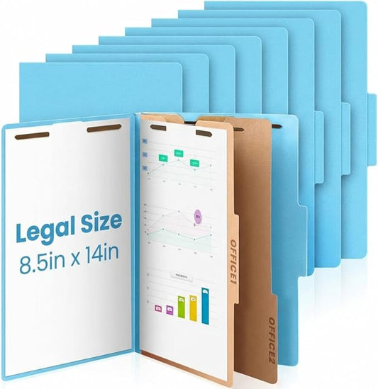 AmazingSpark 12 Pcs Legal Size Classification Folders Bulk 2 Dividers Pressboard File Folder with Expansion 2 Prongs Fastener Heavy Duty Office File Organizer for School Hospitals Home (Light Blue)
