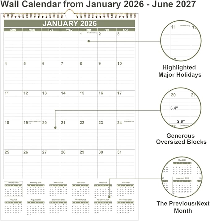 2026 Wall Calendar - Large Calendar 2026-2027 from January 2026 - June 2027, 18 Months Calendar/Planner with Thick Paper, 20" x 30", Vertical, Cyan