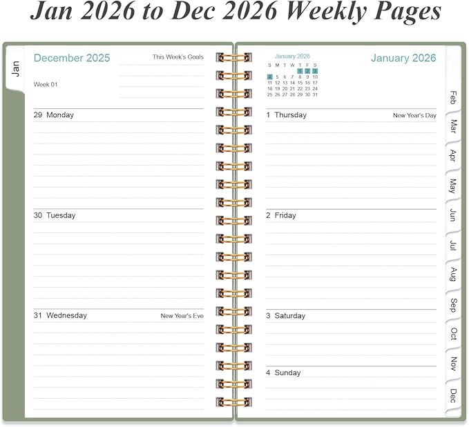2026 Pocket Planner/Calendar - 2026 Weekly & Monthly Planner from January 2026 to December 2026, 12 Months Tabs, 3.75" x 6.75", Green