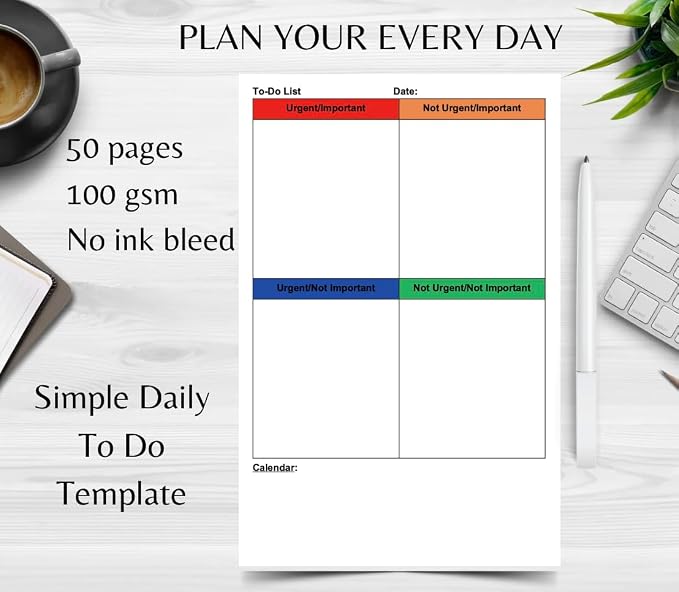 Eisenhower Matrix Planner, Priority To-Do List Notepad with 50 Pages, 8" x 5", Productivity Planner with 4-Quadrant Task Management, Daily Calendar Organizer for Work and Home