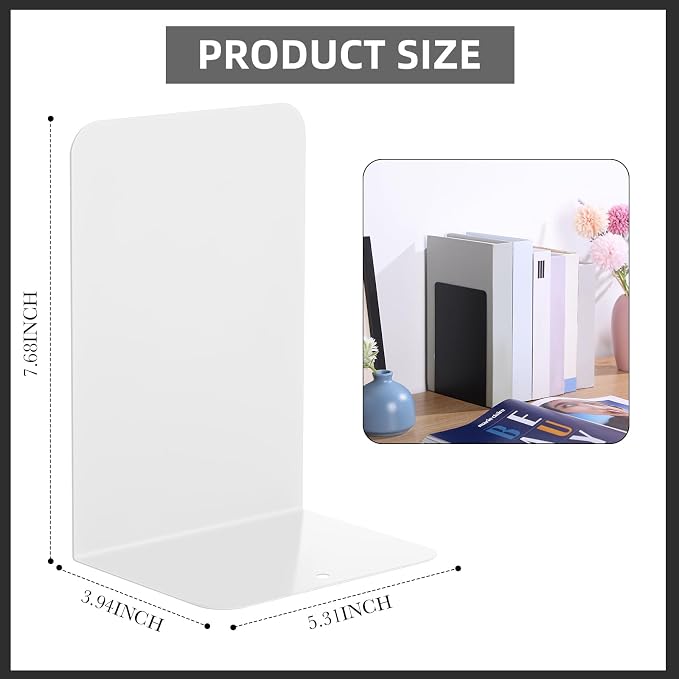 Beeveer 6 Pairs Metal Bookends Book Stopper for Shelves Office Book Holder Library Bookend for Heavy Books Desk Home Bookshelf School (White)