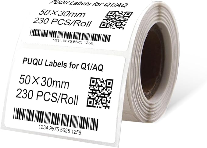 PUQU 50x30mm Direct Thermal Sticker Labels, Self-Adhesive All-Purpose Label Maker Tape, Compatible with AQ/Q1 Series Label Printer, Refills Standard Laminated Office Labeling, 1 Rolls of 230 Labels