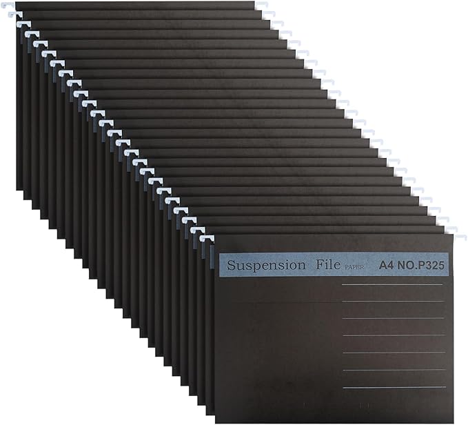 25 Pack Hanging File Folder, A4 Suspension Files Holder, Filing Cabinet Suspension File with Tab and Label for School Home Office, Black