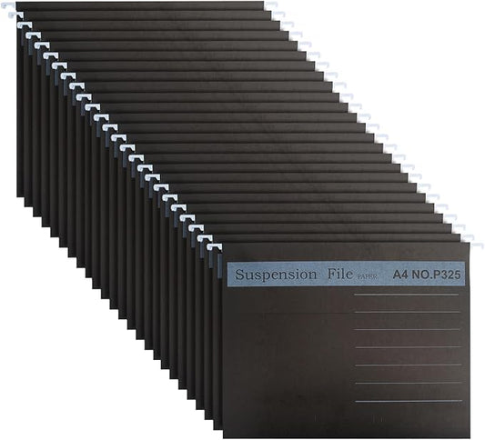 25 Pack Hanging File Folder, A4 Suspension Files Holder, Filing Cabinet Suspension File with Tab and Label for School Home Office, Black