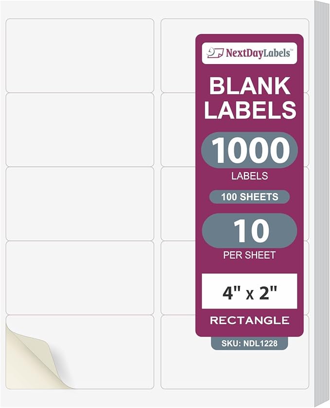 NextDayLabels – 4” x 2” Rectangular Sticker Labels for Printer - White Laser/Inkjet Printer Labels Return Address Labels Shipping Label Stickers (100 Sheets, 10 Per Sheet, 1000 Labels)