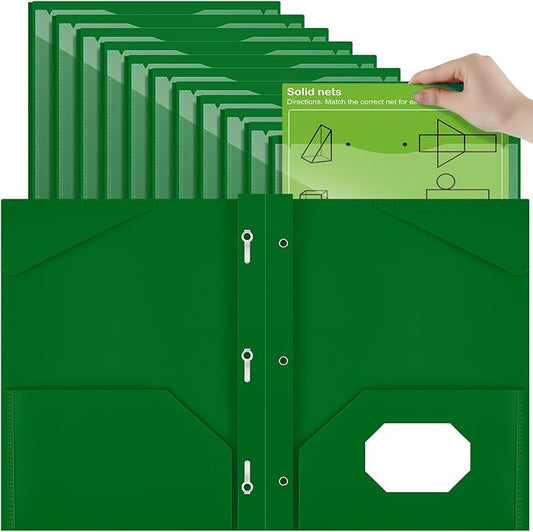 Henoyso 18 Pcs Plastic Folder with Clear Front Pocket and 3 Prong Plastic Folders with Card Slot Pocket Folders with Prongs for School Office (Dark Green)