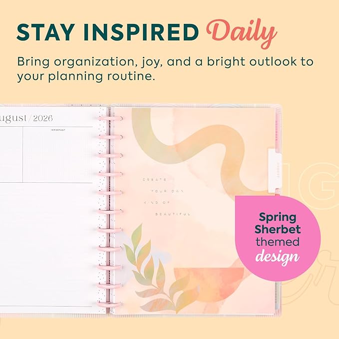 Happy Planner Disc-Bound Planner July 2026–June 2027, Includes 3 Extra Months and 2 Sticker Sheets, Big Size, 8.5" x 11", Dashboard Layout, Spring Sherbet