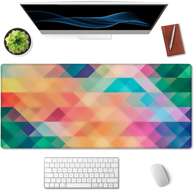 SSOIU Colorful Triangles Print Extended Gaming Mouse Pad (35.5x15.7 in), Large Non-Slip Rubber Base Mousepad with Stitched Edges, Waterproof Keyboard Mouse Mat Desk Pad for Work, Game, Office, Home
