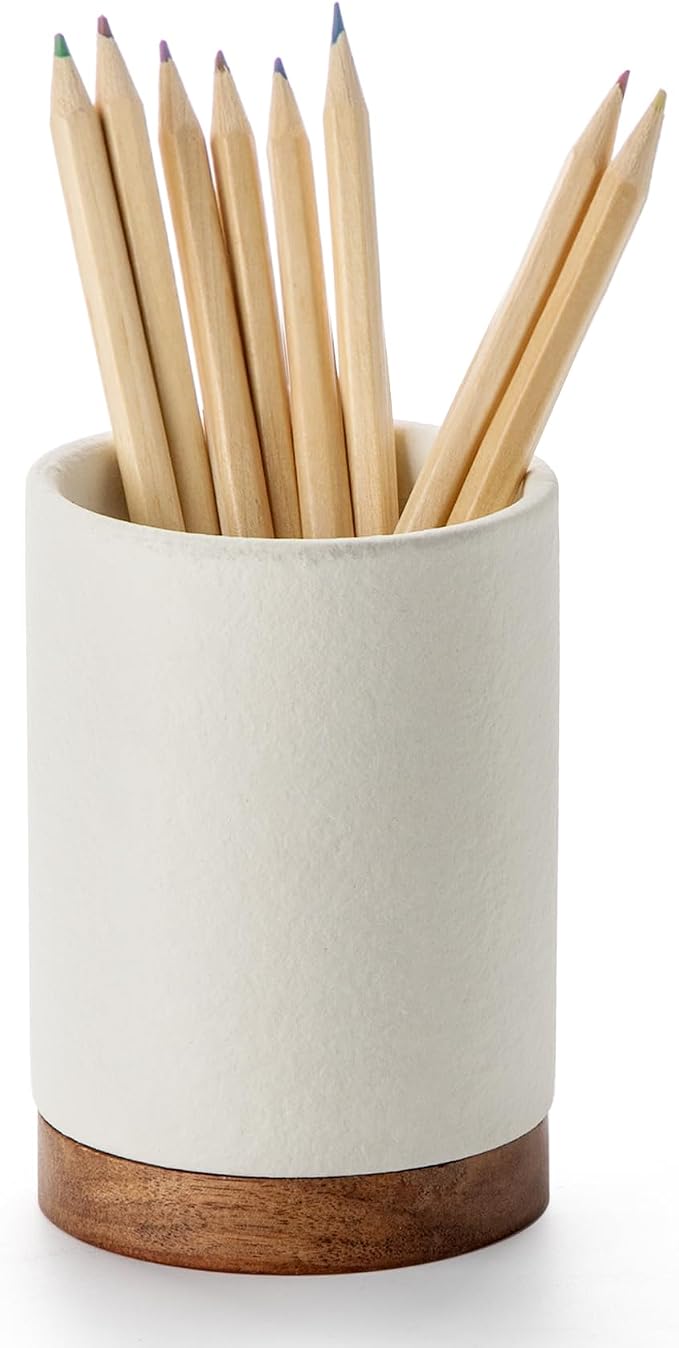 Ceramic Pen Holder for Desk, Pencil Cup Organizer and Makeup Brush Holder, Pen Cup Office Desk Accessories(White,Set / 1)