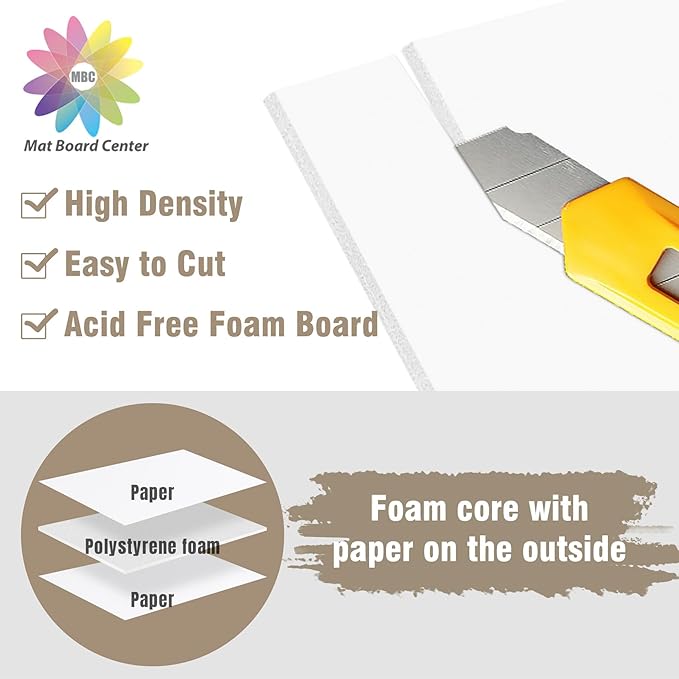 Mat Board Center, Pack of 10 Acid-Free Foam Boards, 13x19 inch White Foam Boards, 1/8" Thick