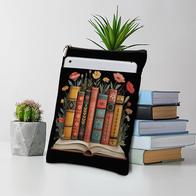 Floral Book Sleeve, Book Lovers Gifts Sleeve with Zipper & Front Pocket, 11.4x8.8 Inch Canvas Books Cover Protector Bookish Gifts for Readers Librarian Women Teacher