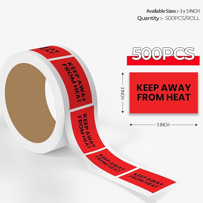 StickerJet Keep Away from Heat – Warehouse Receiving Labels – 3"x5" Rectangle Labels – 500 Qty/Roll – Paper, Easy Peel and Stick, Strong Adhesive, No Residue, Made in USA