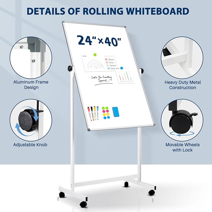 Rolling Whiteboard, 40" x 24" Magnetic Mobile White Board on Wheels, Double Sided, Height Adjustable Aluminum Frame Dry Erase Board with Stand for Office, Home, Classroom