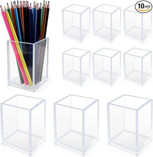 10 Pack Clear Acrylic Pen Holders, Pencil Cups & Makeup Brush Organizers, Transparent Desk Storage for Office, School, Home & Study Supplies(10pcs)