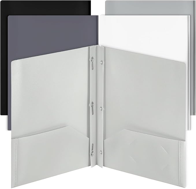 Mr. Pen- Plastic Folders with Pockets and Prongs, 5 Pack, Letter Size, Flexible Plastic Folders with Prongs, Black and White Theme