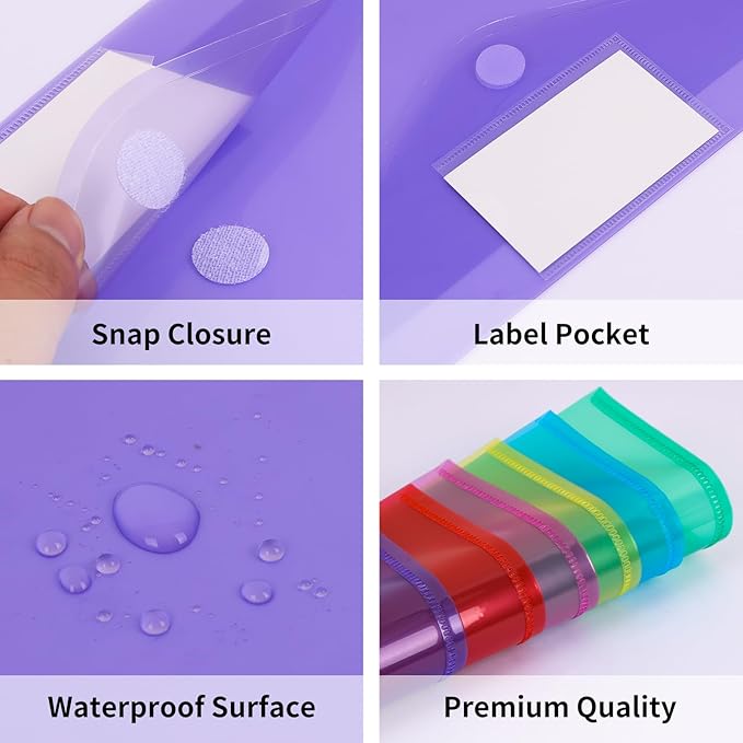 EOOUT 12pcs Plastic Envelopes Poly Envelopes, Hook & Loop Closure File Folders, A4 Size File Envelopes with Label Pocket for School and Office Supplies