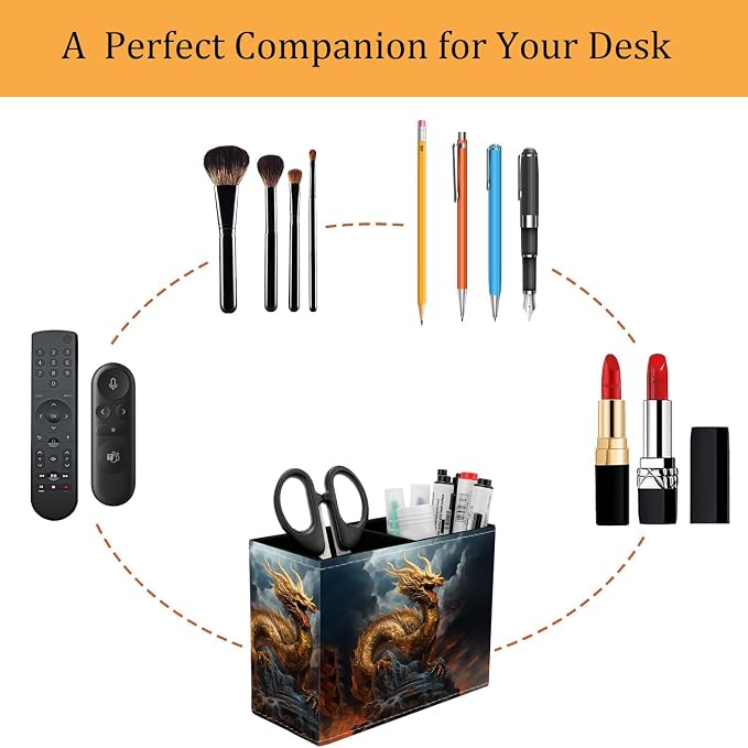 Pen Holder for Desk, PU Leather Multifunctional Desktop Storage Box and Anti-Slip Mouse Pad Set, Makeup Brush Holder Pen Organizer for Office and Home - Golden Dragon