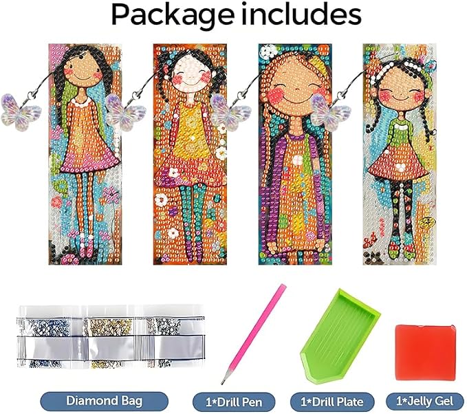 4PCS Diamond Art Bookmarks DIY Girl Diamond Painting Bookmarks for Adults Book Lovers Beginners DIY Crafts, Christmas New Year Graduation Birthday Gift
