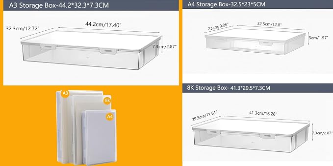Clear Plastic File Storage Boxes with Lids for Files,Stackable File Box,File Portable Paper Case,Containers for Organizing Paper, Letters, Documents, Art Supplies (Clear-A3+A4)