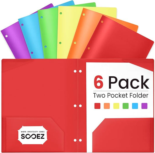 Sooez 6 Pack Folders with Pockets 3 Hole Punched, Plastic Pockets Folders for 3 Ring Binder with Labels, Heavy Duty Binder Folder, 2-Pocket Folder for Document, Colored File Folders Letter Size