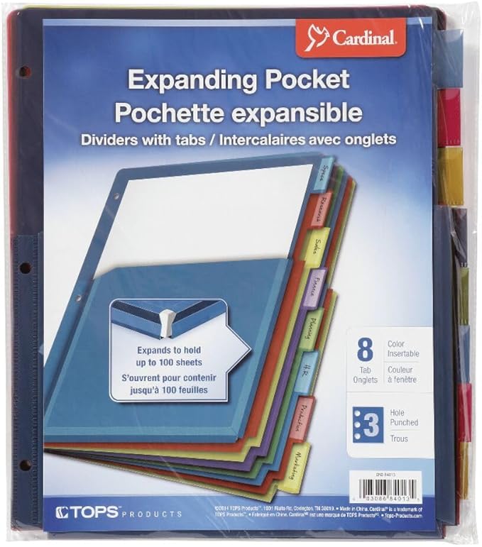Cardinal Expanding Poly Pocket Dividers - 8 Tab Dividers w/Pockets for 3 Ring Binder - Multi Colors for Filing & Organizing Documents - Perfect for Home, Office, & School Use - 8 Dividers (Pack of 1)