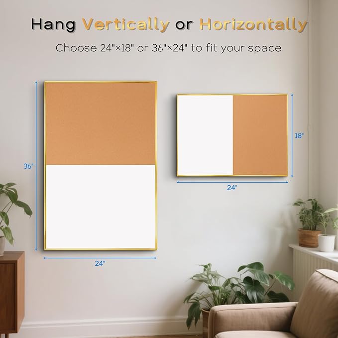 White Board Cork Board Combo, 24'' x 18'' Magnetic Dry Erase Board and Bulletin Board, Gold Aluminum Frame Vision Board Message Board for Home Office School Dorm