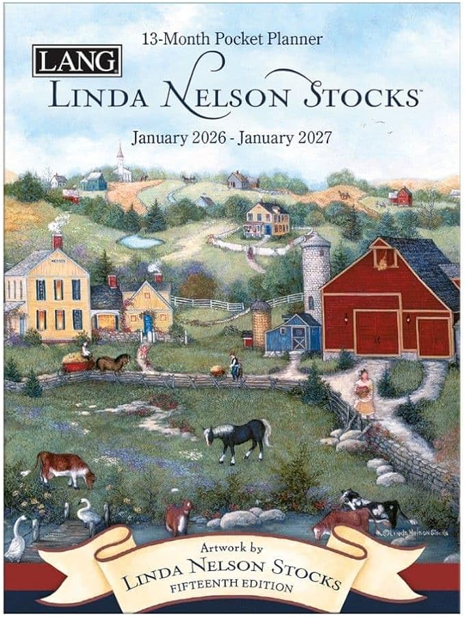 Lang Linda Nelson Stocks Monthly 2026 Pocket Planner – 12-Month Monthly Planner with Wire-O Binding, Folk-Art Rural Scenes by Linda Nelson Stocks, 4.9" × 6.6"