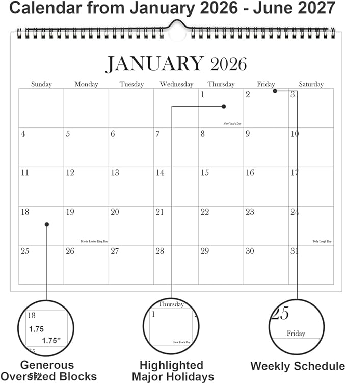 Calendar 2026-2027 - Wall Calendar from January 2026 to June 2027, 2026 Wall Hanging Calendar Planner with Thick Paper, 12" x 14.5", Black