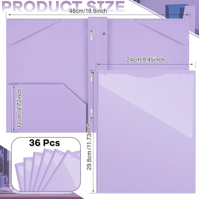 Henoyso 36 Pcs Plastic Folder with Clear Front Pocket and 3 Prong Plastic Folders with Card Slot Pocket Folders with Prongs for School Office (Light Purple)