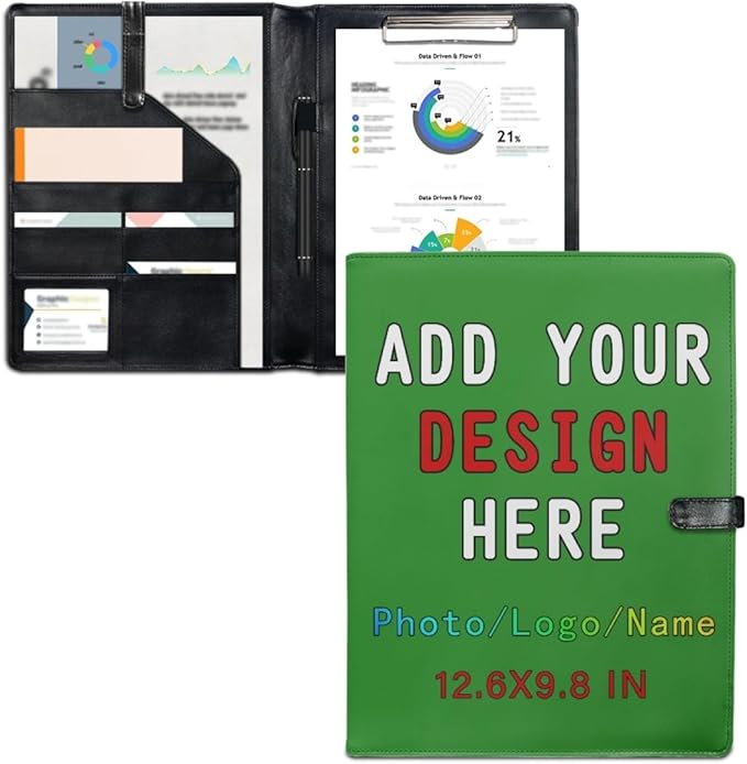 Personalized Padfolio with Logo Photo Name, Custom Business Portfolio Folder for A4 Clipboard Documents/Card Holder, ForestGreen