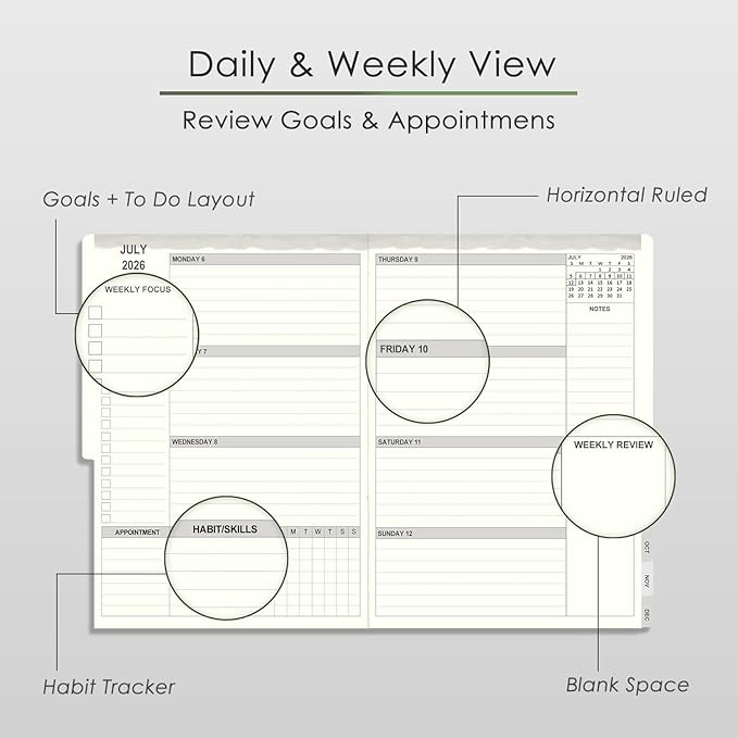 TIIKKASI 2026 Calendar Year Planner Weekly Monthly (Jan - Dec) 6'' x 8.5'' - Lined Journal Notebook Minimalist Agenda Notes, Linen Cloth Book Bound Hard Cover, For School Business Office, Rustic Brown