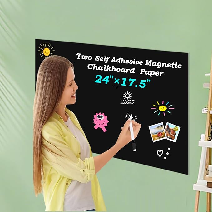 2 Pcs Magnetic Chalkboard Contact Paper for Wall 24"x17.5" Self Adhesive Chalk Board Wallpaper Peel and Stick Chalkboard Magnet Contact Paper Alternative Blackboard Paint