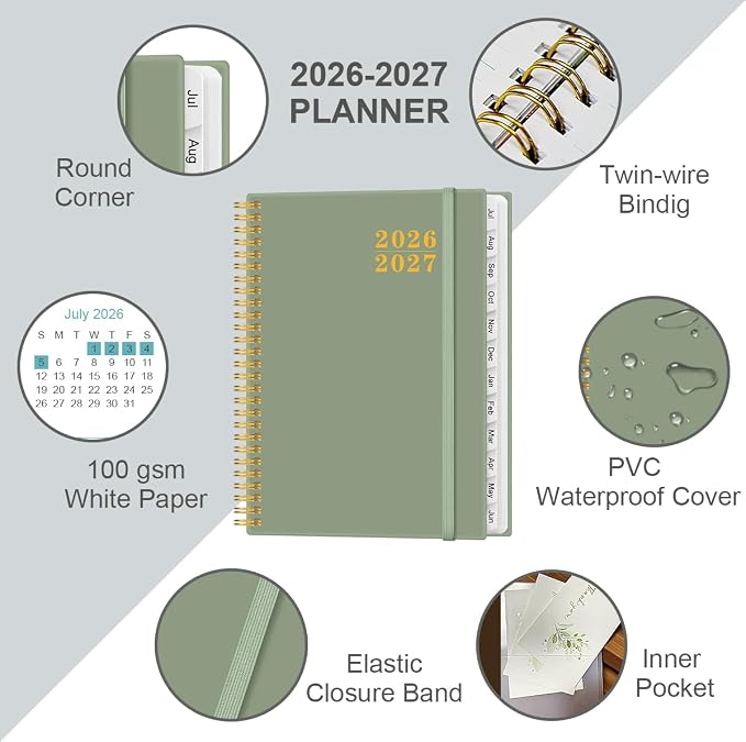 Planner 2026-2027 For Women & Men - Monthly and Weekly Calendar Planner from July 2026 - June 2027, Student Planning with 12 Tabs for Office School Supplies, Inner Pocket, 8.5" x 11", Green