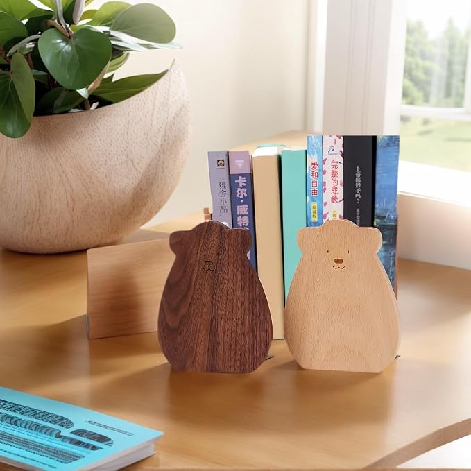 Cute Bear-Shaped Book Ends for Shelves, Detachable Design Bookends for Heavy Books, with Anti-Slip Foam Pads, an Ideal Gift for Book Fans (Pack of 2,Beech Wood Bear)