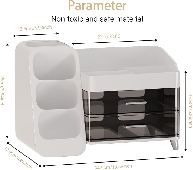 White Desk Organizer with Drawers, 2-Tier Desktop Organizer with Pen Holder, Office Supply Organizer for Desk Organization and Storage