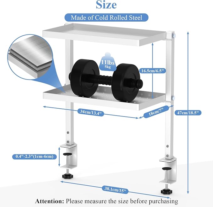 Jumyee 2-Tier Side/Top Clamp On Desk Shelf With Magnetic Pegaboard(White) | Flip Pegboard Tray & Magnetic Accessories, No-Drill White Desk Shelf with 6 Hooks for Home Office Gaming Accessories