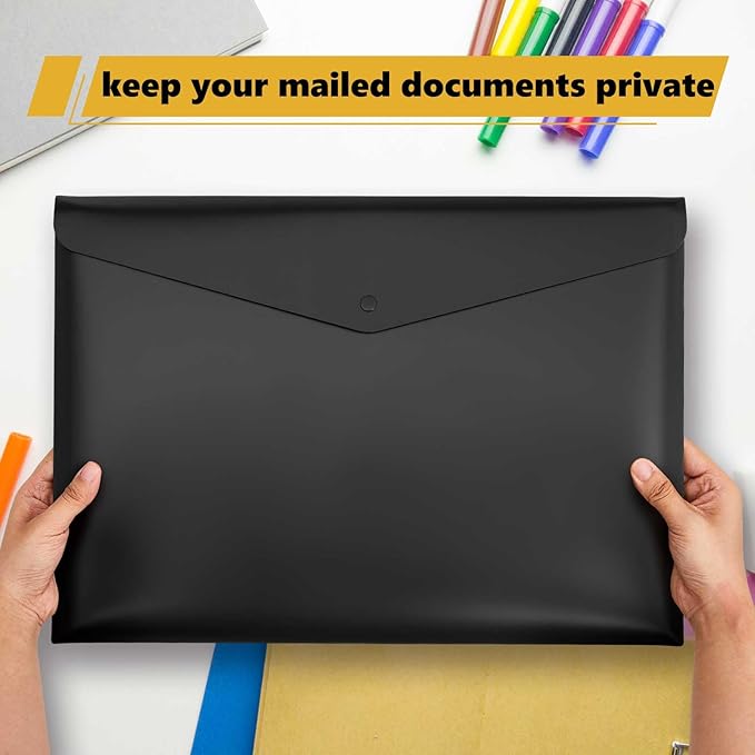 AmazingSpark 10 pack 11 * 17 in File Folder Tabloid Sized, Black Plastic Poly Envelopes with Snap Closure, Oversized Portfolio Binder, Important Document Organizer Storage for School Work Office Home