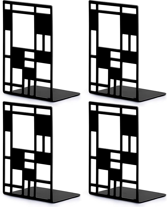 Book Ends, Bookends, Book Ends for Shelves, Bookends for Heavy Books, Book Divider Decorative Holder, Metal Heavy Duty Bookend Black 2 Pair, Abstract Art Desgin Book Stopper Supports for Office, Home