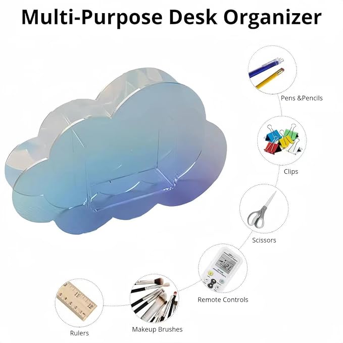 Aesthetic Cloud Pen Holder for Desk Cute Office Supplies Acrylic Cubicle Decor Kawaii Workspace Accessories Clear Makeup Organizer for Women Girls Pencil Cup Large Caddy for Home Office (Blue)