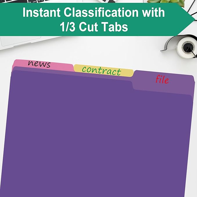 pmybupo 100 Pack Purple File Folders 8.5x11 Inch,Colored File Folder 1/3 Cut Tab File Folders Letter Size,Office Folders for Document