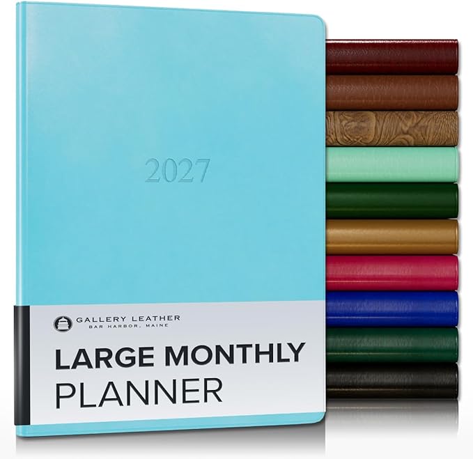 Gallery Leather Large Monthly Planner 2027, Elegantly Bound Calendar Planner and Notebook with Stylish Gold-Gilded Page Edges, 18 Months - Acadia Pool - 9.75x7.5"