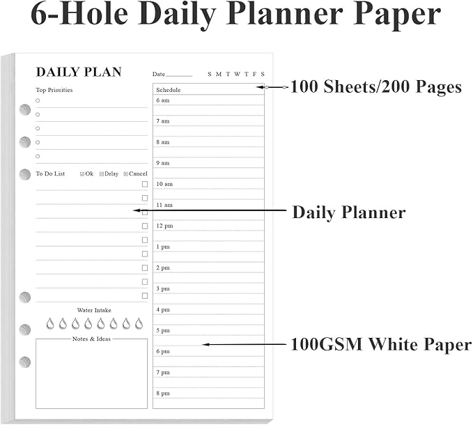 6-Hole Punched To Do List Insert - Undated Daily Planner Refill for A5 Binder,100 Sheets/200 Pages Planner and Lined Refill, 100 gsm White Paper, 5.8'' x 8.3''