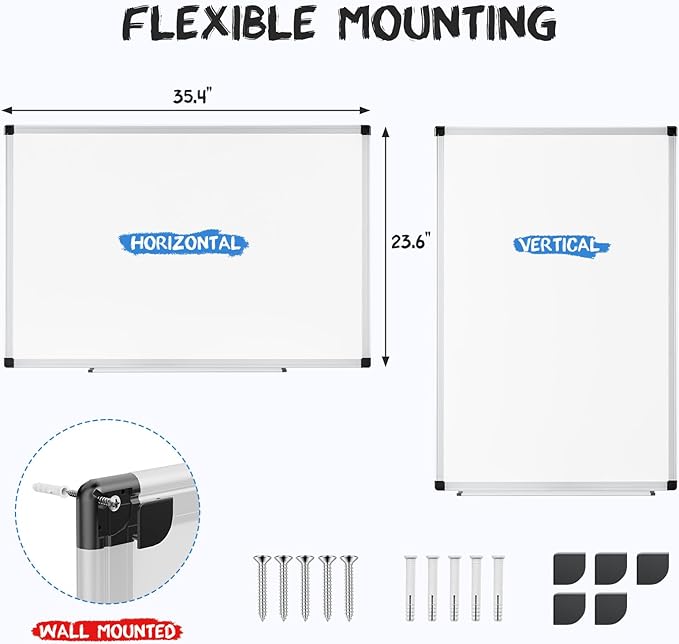 Magnetic Dry Erase Board & Whiteboard, 36 X 24 Inches, Silver Aluminum Frame, Comes with 1 Dry Eraser, 2 Dry Erase Markers 1 Pen Tray & 4 Push Pin Magnets