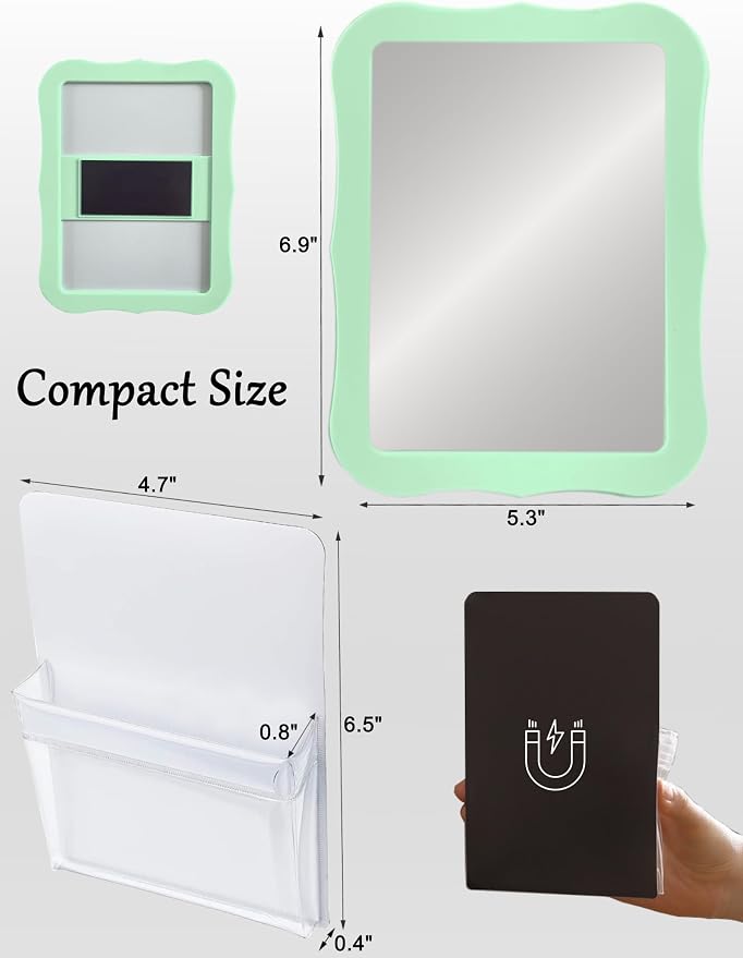 Magnetic Locker Mirror with Magnetic Pen Holders, Locker Accessories Kit, Back to School Essentials, Cute Decorative Locker Organizer for School Locker Decor, Office, Fridge, Home Decor(Green)